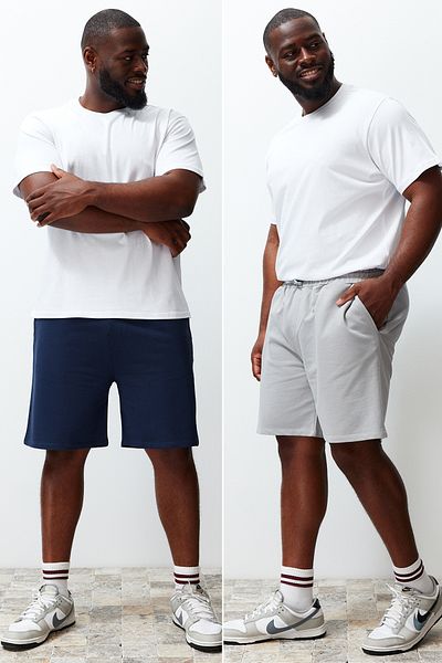 Trendyol Collection Grey-Navy Blue 2-Pack - 100% Cotton Large Size Shorts TMNSS24AP00000