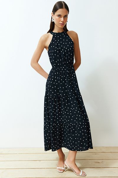 Trendyol Collection Μαύρο πουά φόρεμα μέσης που ανοίγει βισκόζη μίντι υφαντό TWOSS24EL00610