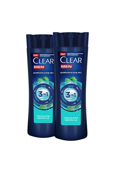 Clear Men 3 in 1 Shampoo and Shower - Menthol Refreshing, 350ml x2 For Hair Face Body