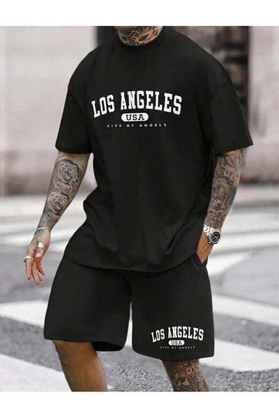 khufu LOSANGELES U.S.A. Printed Oversize Crew Neck Bottom Top T-shirt with Shorts Double Suit