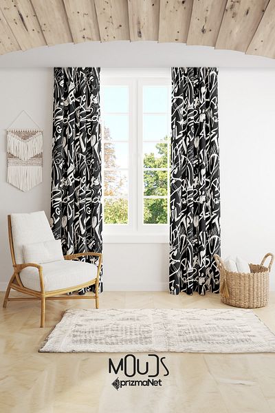 Moud's Hi Bro Patterned Background Curtain Youth Room Living Room Suede Printed Extrafor Drawstring 2 Sash PRD-2003