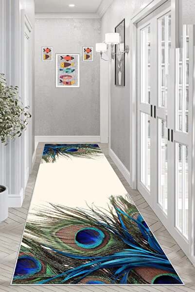 on the clouds Tavuskuşu Tüyü Desenli Dijital Baskı Yıkanabilir Kaymaz Taban M...