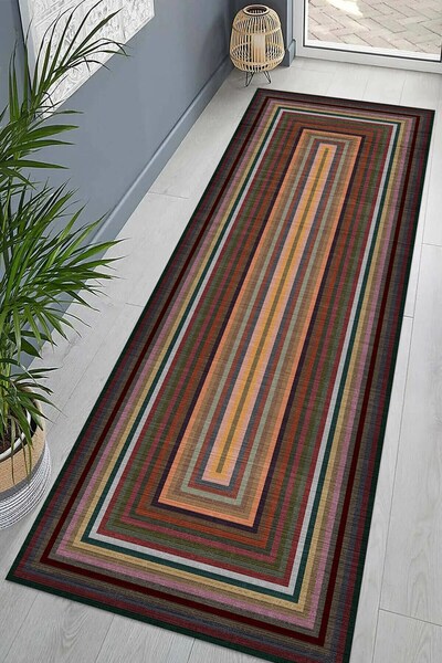 Pelangi Renk Bloklu Kilim Desenli Etnik Dijital Baskı Yıkanabilir Modern Salo...