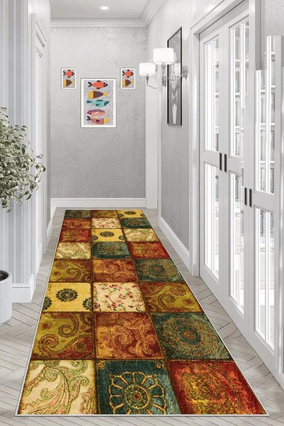Pelangi Kırkyama Patchwork Desenli Etnik Dijital Baskı Yıkanabilir Kaymaz Tab...