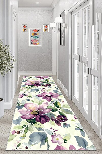 Pelangi Çiçek Desenli Renk Geçişli Dijital Baskı Yıkanabilir Kaymaz Taban Vin...