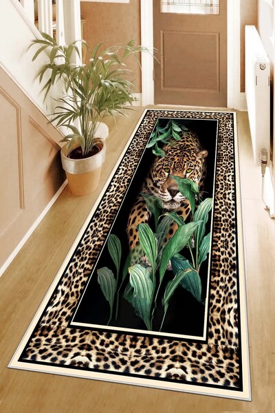 on the clouds Leopar Desenli Dijital Baskı Yıkanabilir Kaymaz Taban Modern Sa...