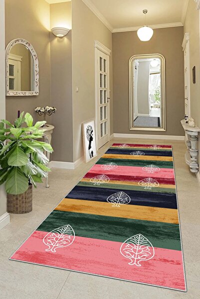 on the clouds Renk Bloklu Yaprak Desenli Dijital Baskı Yıkanabilir Etnik Salo...