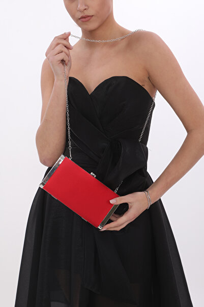 womenacs Red Color Satin Fabric Metal Case Women's Evening Dress Clutch Portfolio Wedding Engagement Henna Evening Bag
