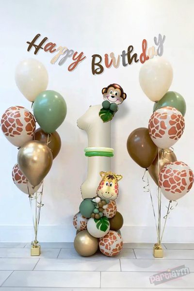 PARTİAVM Retro Safari Tema Kahve Tonları Balon Seti Orman Hayvanları Zürafa M...