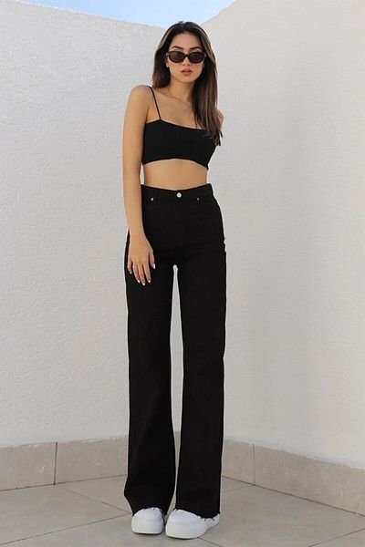 CurcunaShop Blugi de damă cu talie înaltă din lycra cu picioare largi, model Palazzo