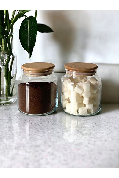 ÜÇER AHŞAP Jar with Wooden Vacuum Lid 2 Units 500 ml