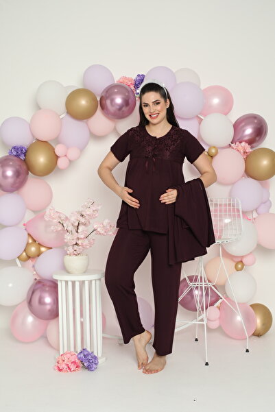 JENİKA Σετ πιτζάμες με κοντό μανίκι με κουμπιά και δαντέλα 3 τεμαχίων Plum