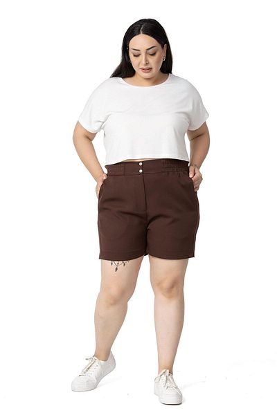 DISENTIS MODEST Plus Size Brown Shorts with Elastic Waist and Back Pockets