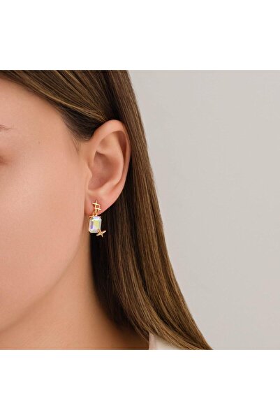 toptanhanem Baget Taşlı Sallatılı Çelik Küpe Gold - Kararmaz Antialerjik