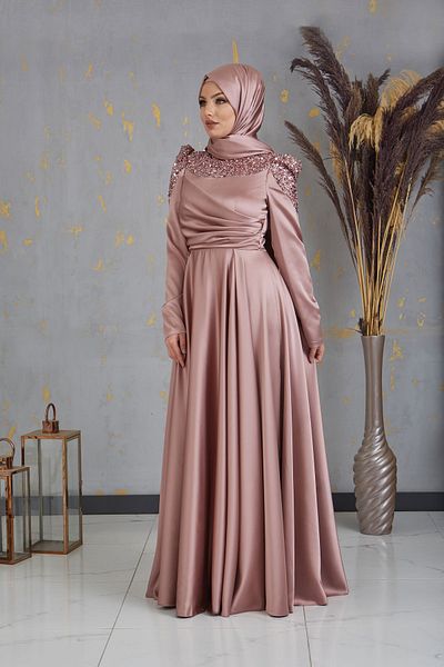 Surikka Βραδινό φόρεμα Bersu Hijab με χάντρες με παγιέτες μπροστά Mink