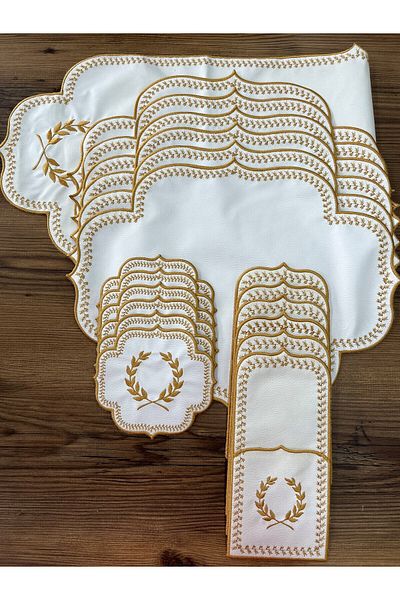 Teksev Başak Cream Gold 12-Person 37 Piece Tablecloth Runner Set Embroidered Leather Dining Presentation Set