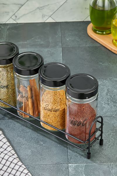 FBZhome Set of 5 Spice Dispensers with Labeled Metal Stand 500 Ml Glass Jar Storage Container