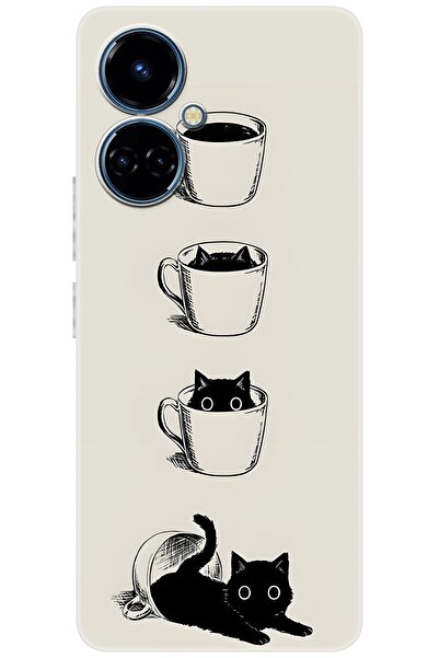 Camon Tecno 19 (CI6n) Uyumlu Kılıf Desen Baskılı Silikon Kedi ve Kahve Çizimi...
