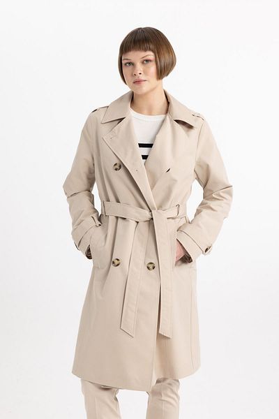 DeFacto Double Breasted Collar and Belt Epaulettes Seasonal Trench Coat - Water Repellent, Button Closure and Pocket A0593Ax24Sp