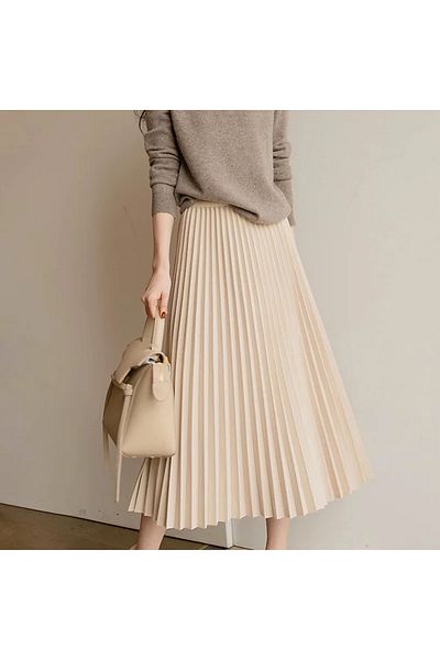 Puane Fusta de damă plisată din satin cu talie elastică BEIGE ESR18170