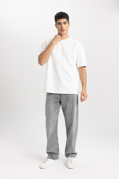 DeFacto Oversize Wide Fit Crew λαιμόκοψη βαρύ ύφασμα Basic μασίφ κοντομάνικο μπλουζάκι B6494ax24sp