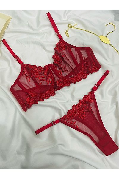 mendoza store Red Rose Floral Legendary Brode Thong Bra Set