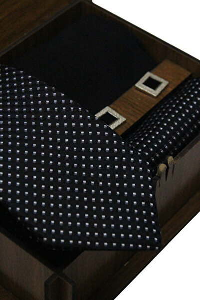 Elegante Cravatte Micro Pattern Black Tie with Wooden Box - Pocket Handkerchief - Cufflinks - Socks Set