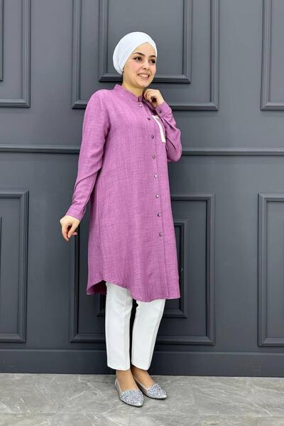 Payas Kadın Kare Kombinli Keten Tesettür Gömlek MDE24210269-080-Gül Kurusu