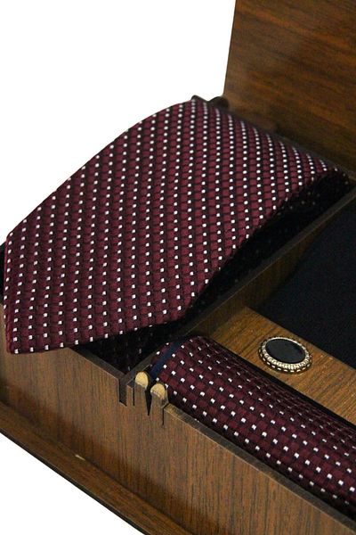 Elegante Cravatte Micro Pattern Claret Red Tie with Wooden Box - Pocket Handkerchief - Cufflinks - Socks Set