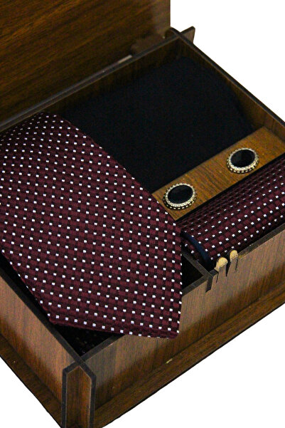 Elegante Cravatte Micro Pattern Claret Red Tie with Wooden Box - Pocket Handkerchief - Cufflinks - Socks Set