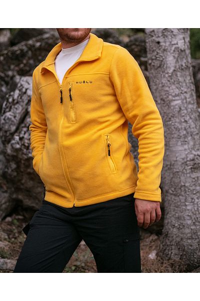 Huğlu Zippered Stand Collar Yellow Fleece Cardigan