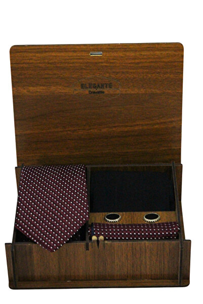 Elegante Cravatte Micro Pattern Claret Red Tie with Wooden Box - Pocket Handkerchief - Cufflinks - Socks Set