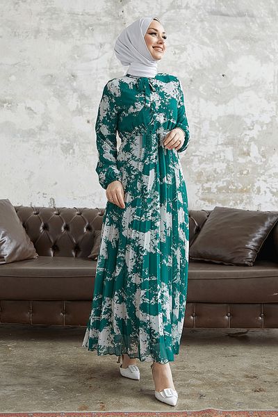 InStyle Diva Collar Belted Pleated Chiffon Dress - Emerald Green
