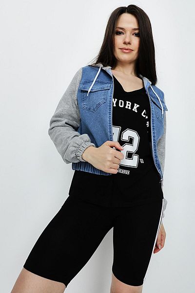 Select Moda Jachetă de blugi cu glugă și fermoar pentru femei