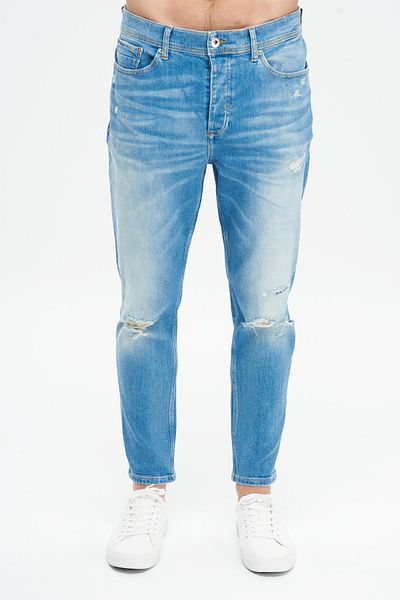 CROSS JEANS Julian Light Blue Frayed Tapered Buttoned Jean Trousers E 4401-018
