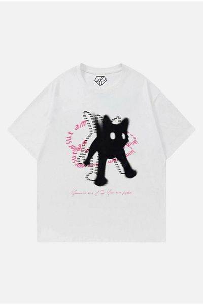 Gofeel Oversize White Unisex Scared Cat Y2K T-Shirt