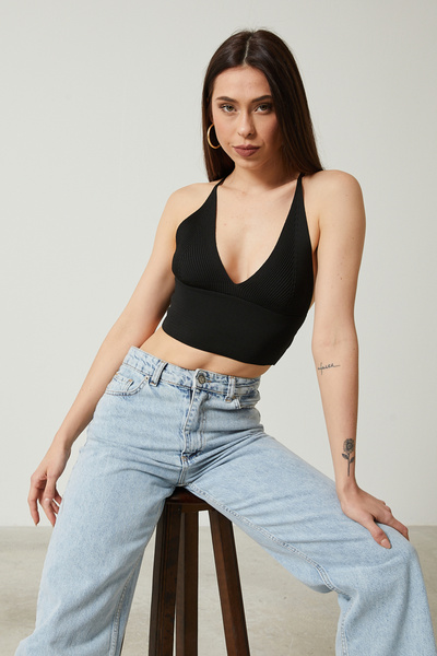 Genel Markalar Kadın Super Crop Sırt Detaylı Triko Büstiyer Bluz