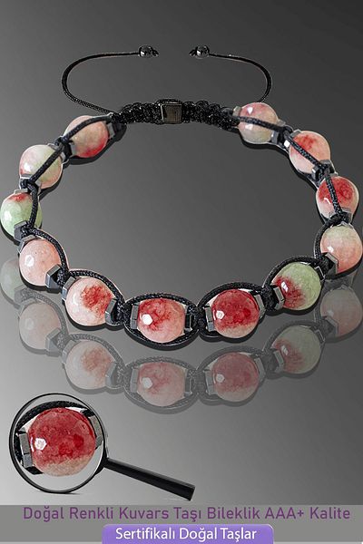 Tesbih Atölyesi Certified Macrame Faceted Blue - Red Quartz Stone Bracelet - Adjustable