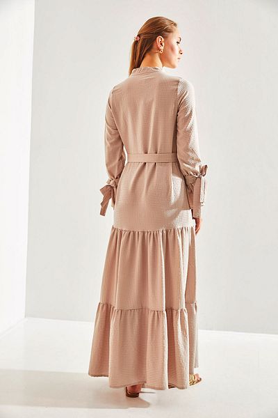 Bianco Lucci Modest Women's Seersucker Fabric Hijab Dress with Marrow Sleeves and Tie Waist60151018