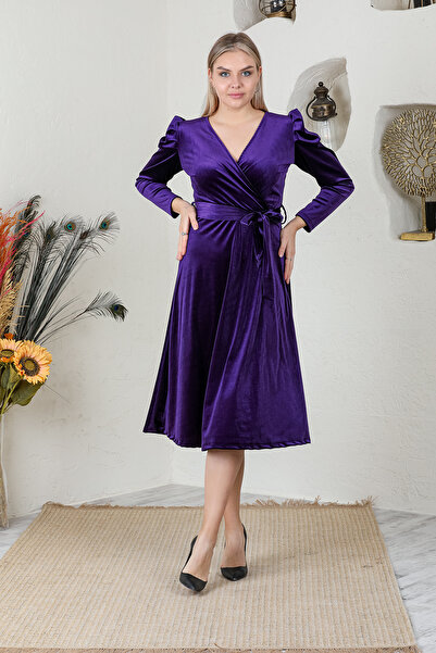 Azra Style Kruvaze Yaka Kuşaklı Kadife Karpuz Kol Elbise 5006 Mor