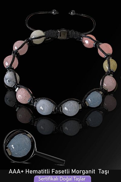 Tesbih Atölyesi Certified Faceted Real Aquamarine - Pink Quartz - Morganite Stone Bracelet