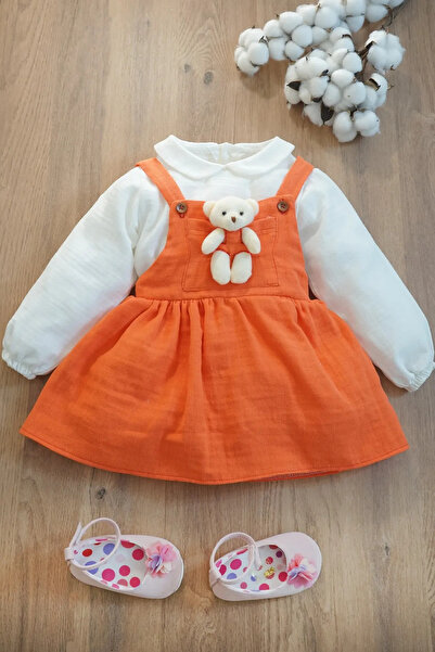 ipek atlas Kız Bebek Ve Çocuk Müslin Gömlekli Ayıcıklı Elbise