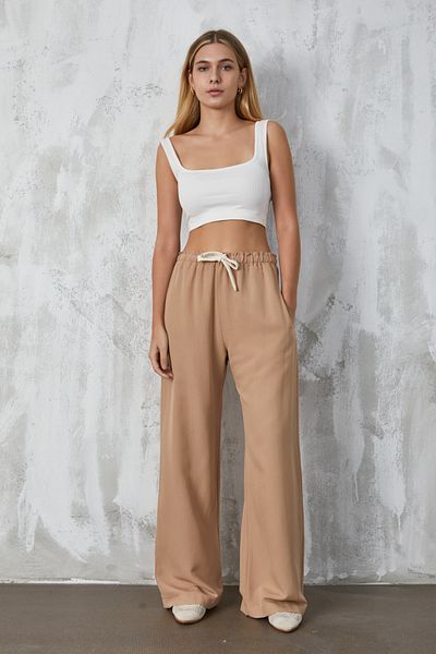 minaaise Camel Linen Loose Cut Lace Detailed Trousers 27057