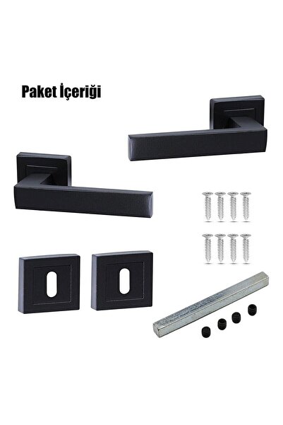 Merkezoğlu Mat Siyah Kare Rozetli Oda Kapı Kolu Tam Set – 40 mm – Sessiz Kilitli
