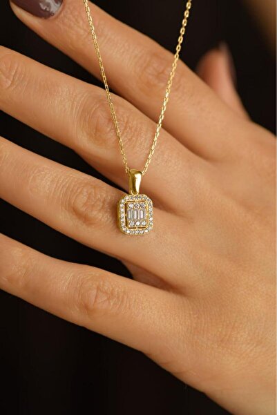 Roza Silver Zirkon Taşlı Gold Üç Sıra Baget Gümüş Kolye