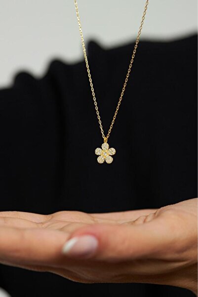 Roza Silver Zirkon Taşlı Gold Minimal Papatya Gümüş Kolye