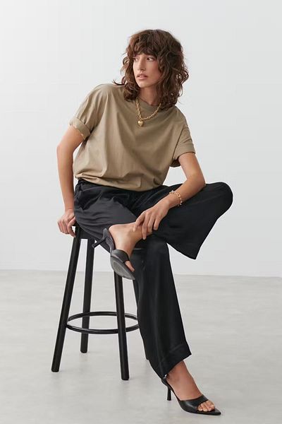 Madmext Schwarze Satinhose mit weitem Bein und geraffter Taille MG2019