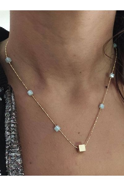TÜKKAN ACCESSORİES GOLD BLUE DETAIL CUBE FIGURED NECKLACE-SLEEVE159