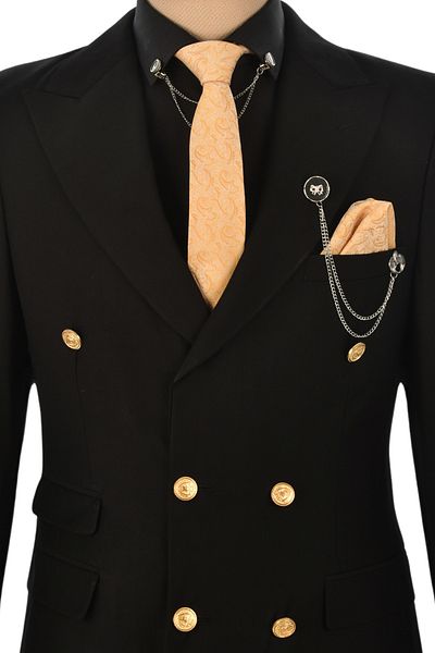 DeepSEA Men's Black Metal Buttoned Pocket Detailed Slim Fit Double Breasted 2-Piece Suit2300325