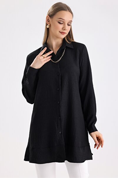 MD trend Women's Necklace Detailed Flounced Wide Cut Linen Tunic